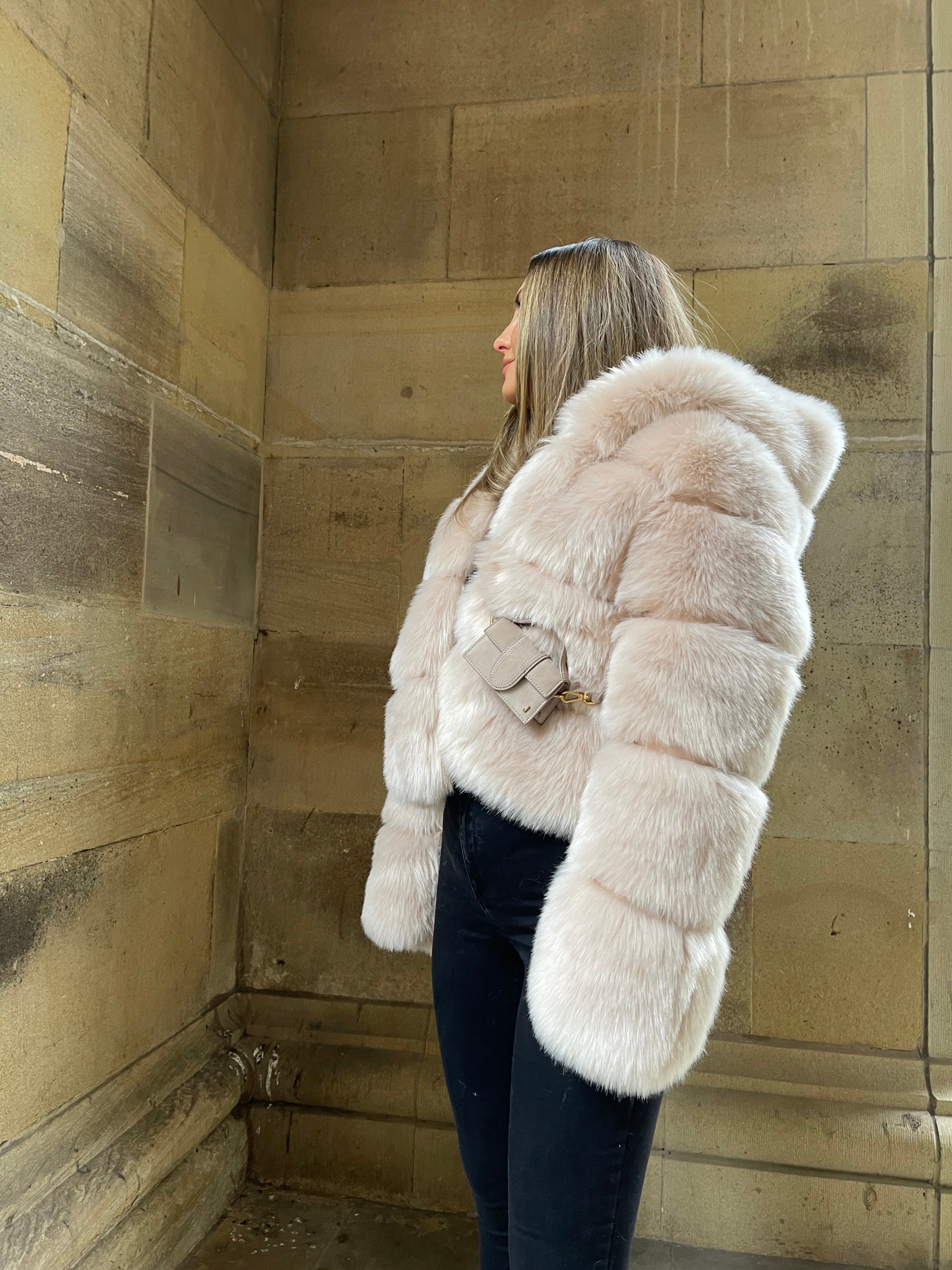 Hooded Faux Fur Jacket Beige